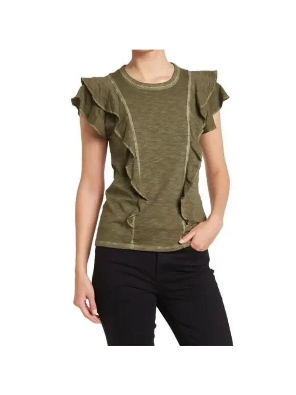 Veronica Beard Olive Green Bea Ruffle Front Short Sleeve Tshirt Womens Medium